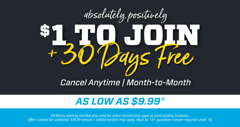 graphic showing eos fitness 1 dollar and days free to join promo