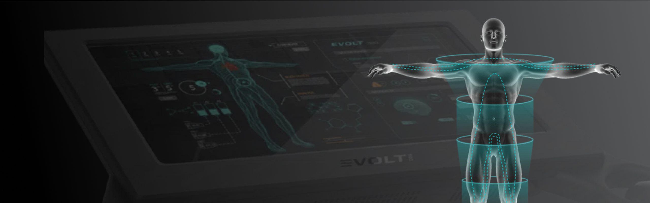 cgi rendering of evolt interface with a human body being scanned 