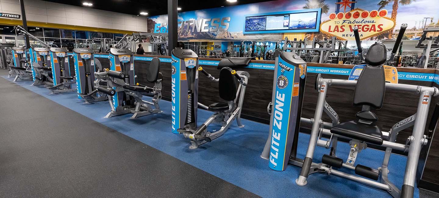 several exercise machines in a line and marked as flite zone