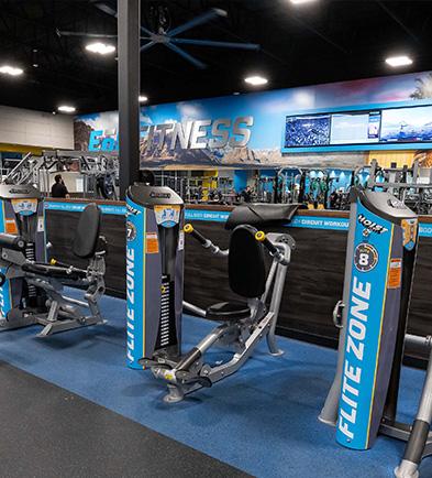 several exercise machines in a line and marked as flite zone