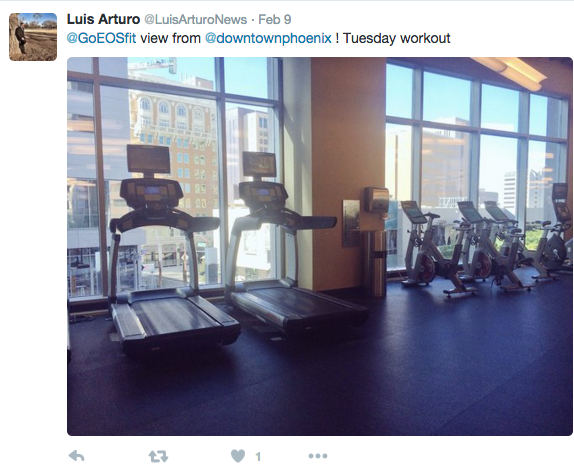 EOS Fitness Social media. Luis Arturo @luisArturoNews on Feb 9. @goeosfit view from @downtownphoenix! Tuesday workout