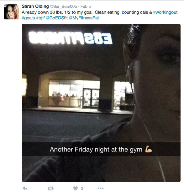 EOS Fitness review Twitter-Sarah Olding @sar_Bear00b on Feb 5. Already down 28lbs, 1/2 to my goal. Clean eating, counting cals & #workingout #goals #tgif @goeosfit @myfitnesspal. caption: Another Friday night at the gym [bicep emoji]